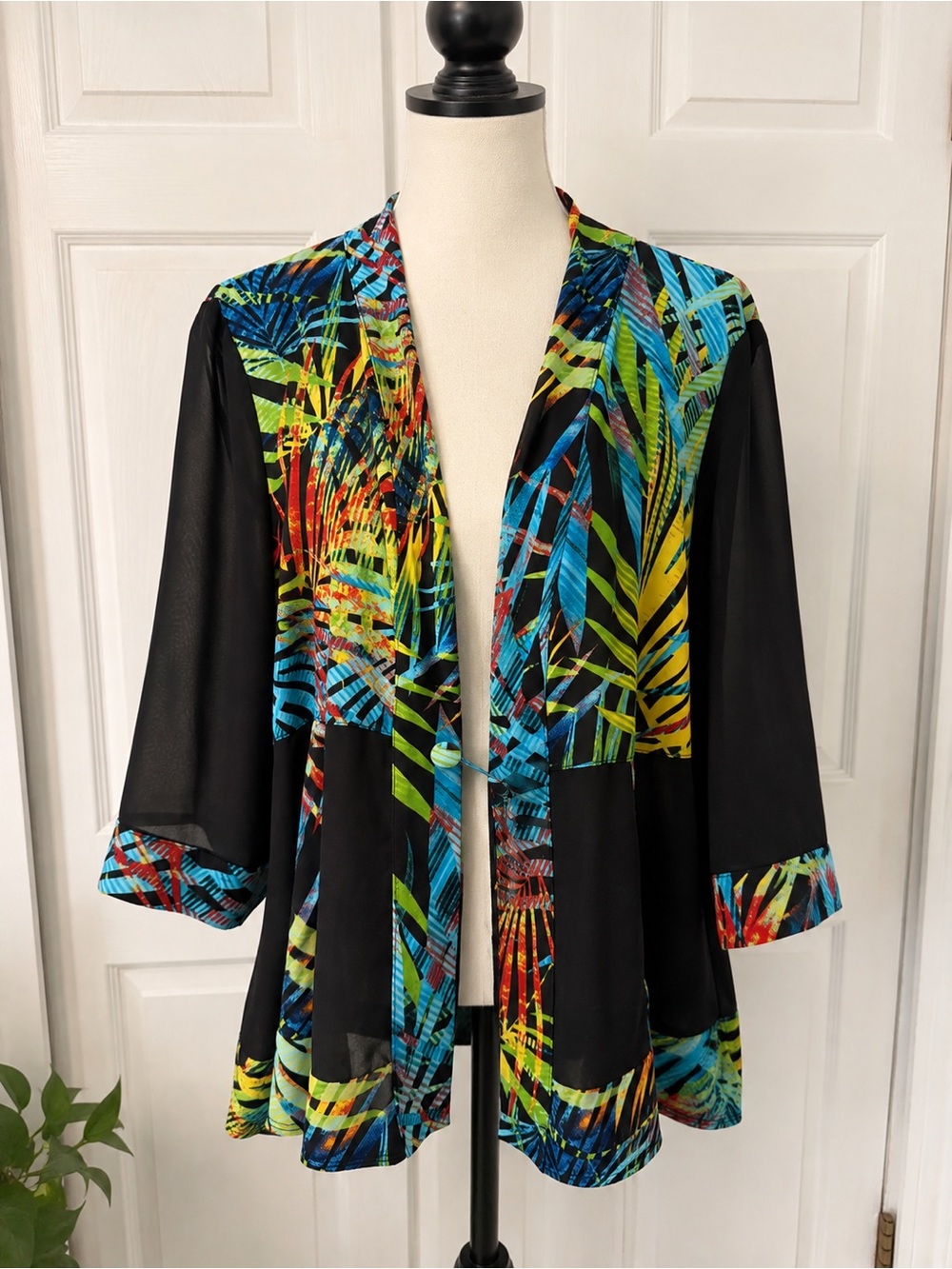 Tropical Leaf Print Sheer Open Front Kimono Cardigan Cover Up Size M